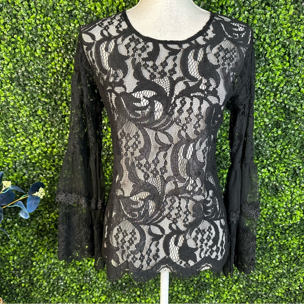 NWT Black Lace bell sleeve sheer top